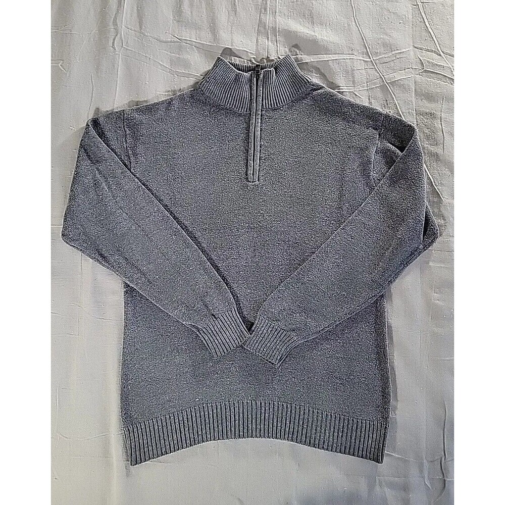 Oscar de la Renta Quarter Zip Sweater Mens L Grey Cotton Blend Mock Neck Knit